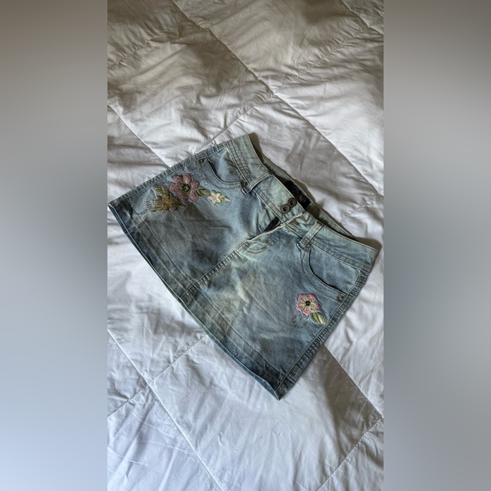 Angels Embroidered Denim Skirt with Floral Design